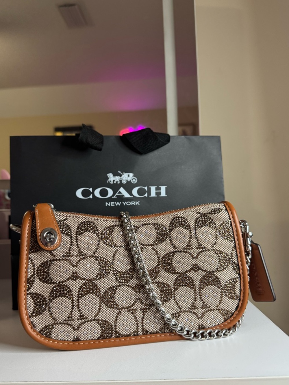 Coach Beige Signature Canvas Shoulder Bag with Tan Leather Trim - Picture 6 of 7